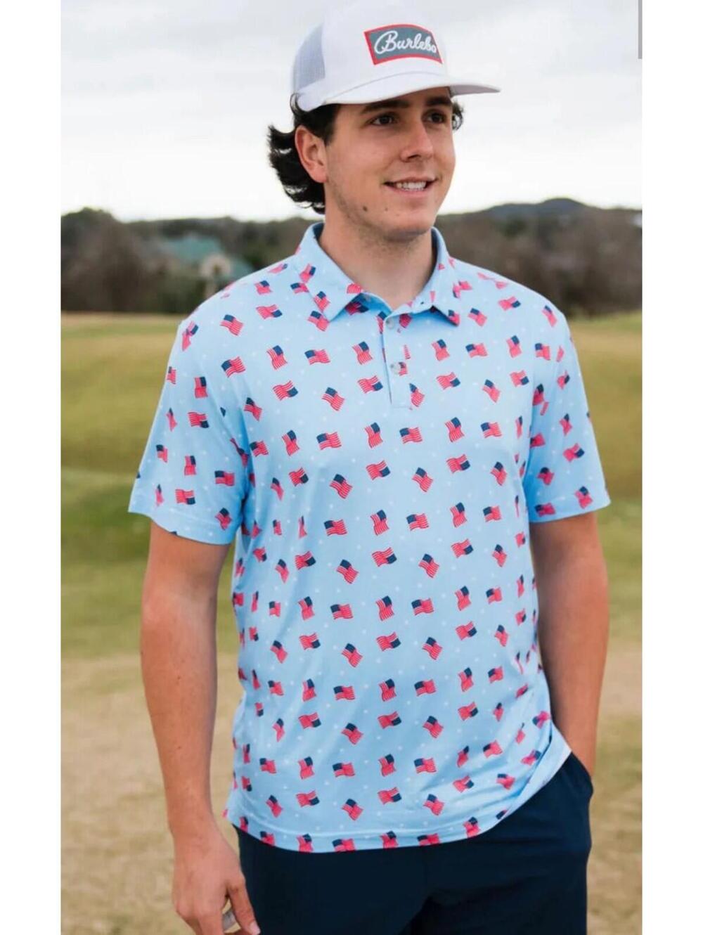 Burlebo Men’s USA Waving Flag Print Performance Golf Polo Shirt Size Large